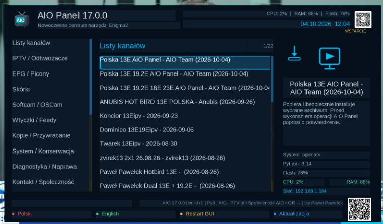 AIO Panel 17.0.0 — ekran główny