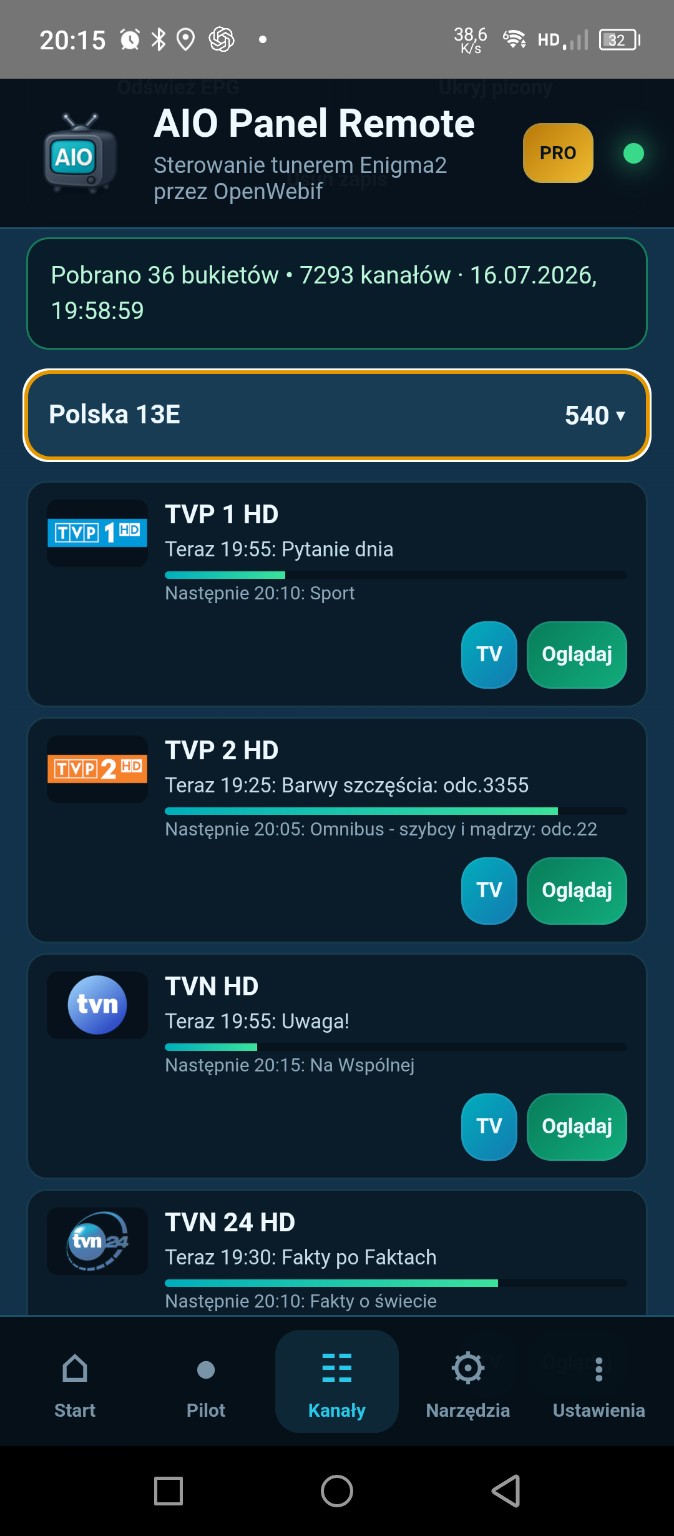 Lista kanałów i streaming w AIO Panel Remote