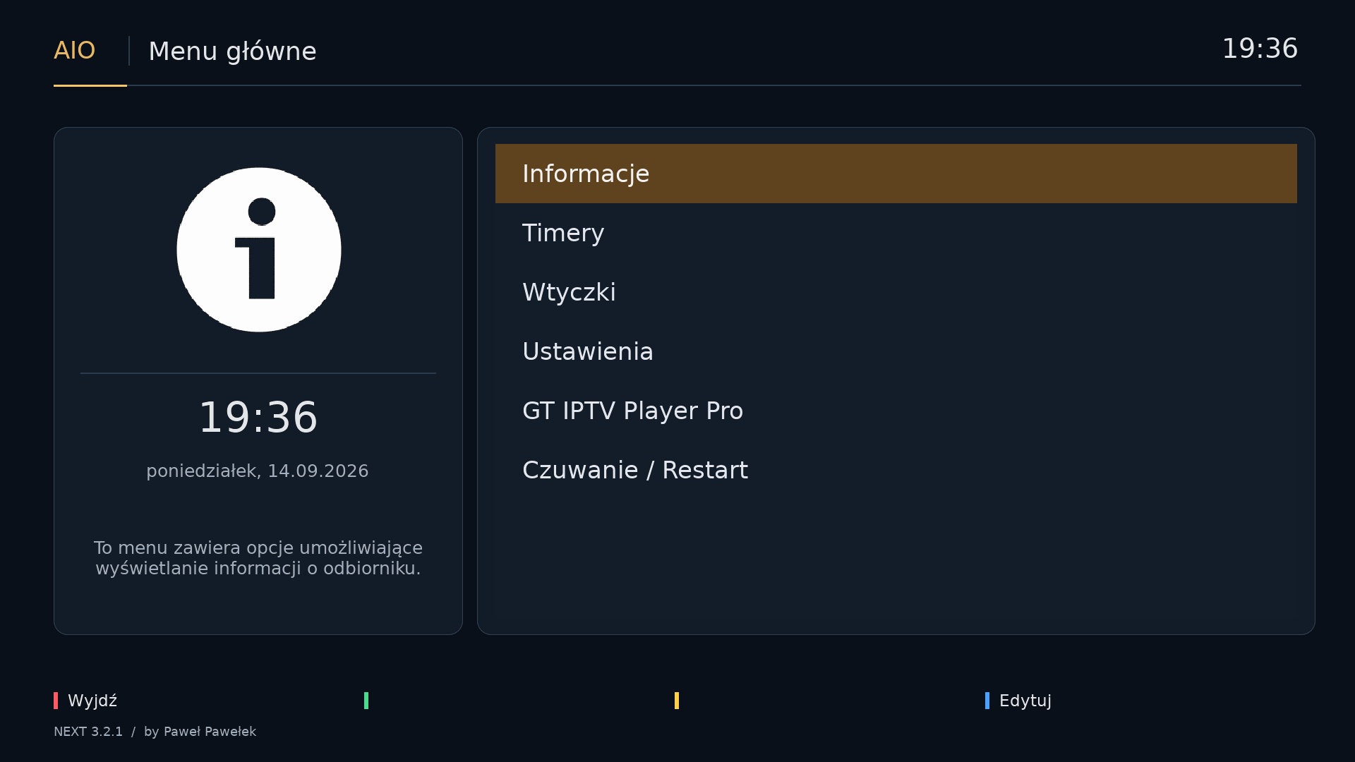 AIOHD NEXT — menu główne