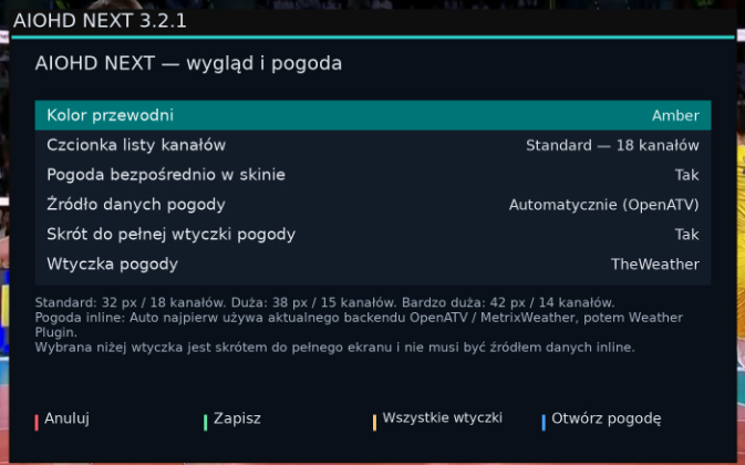 AIOHD NEXT 3.2.1 — ustawienia wyglądu i pogody