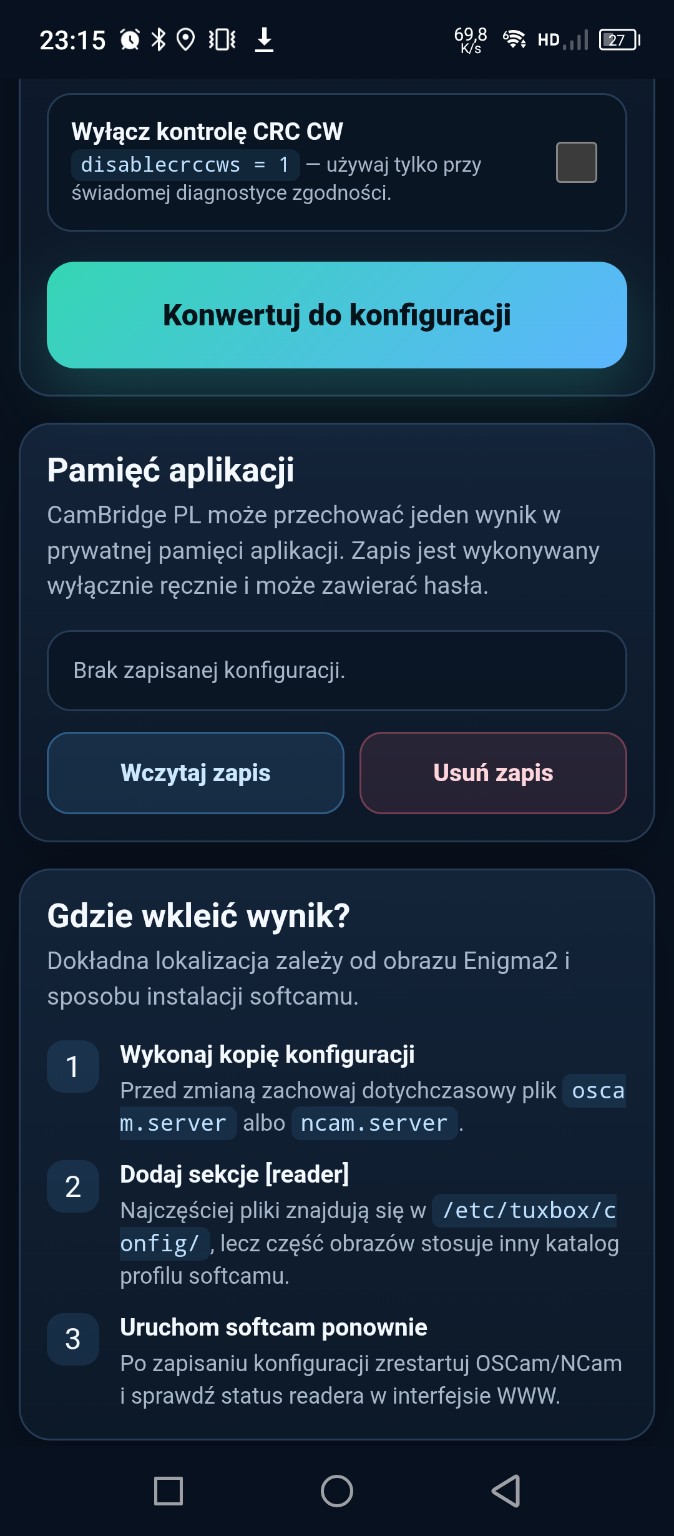 Pamięć i eksport CamBridge