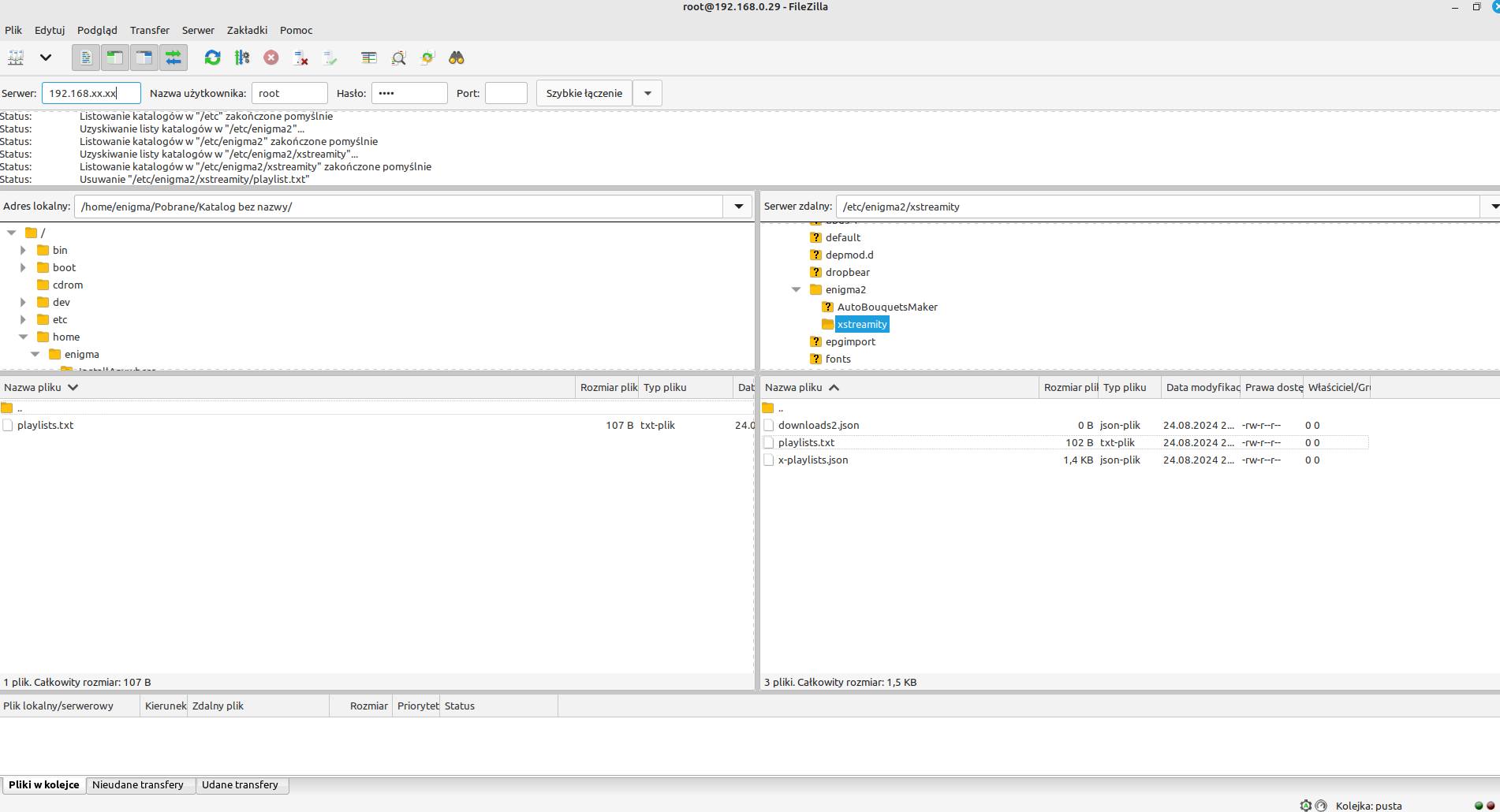 FileZilla i katalog xstremity z plikiem playlists.txt